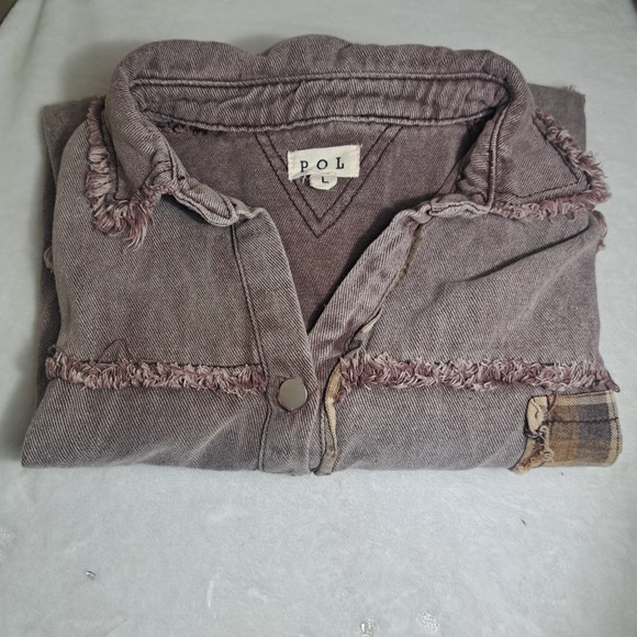 POL Oversized Plaid Sleeve Raw Edge Shirt Jacket Womens Size Large‎ - Picture 10 of 13
